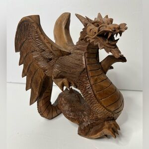 9” Carved Wood Dragon Statue / Wooden Sculpture *has chips